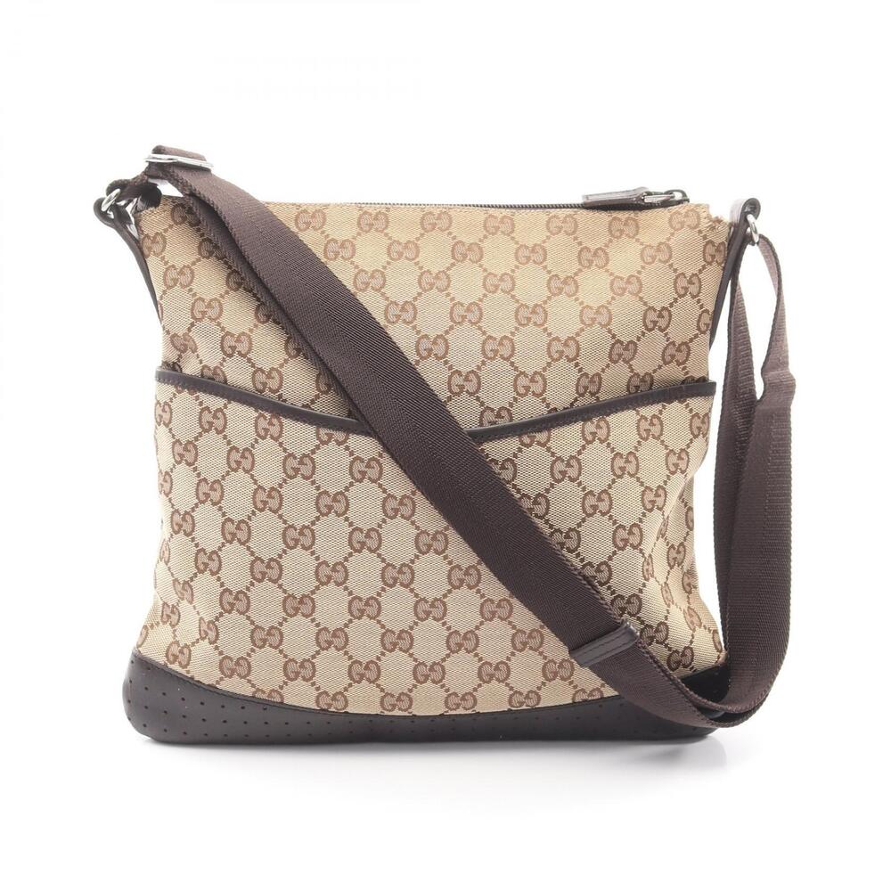 Gucci GG Canvas Shoulder Bag Leather Beige Cream Brown